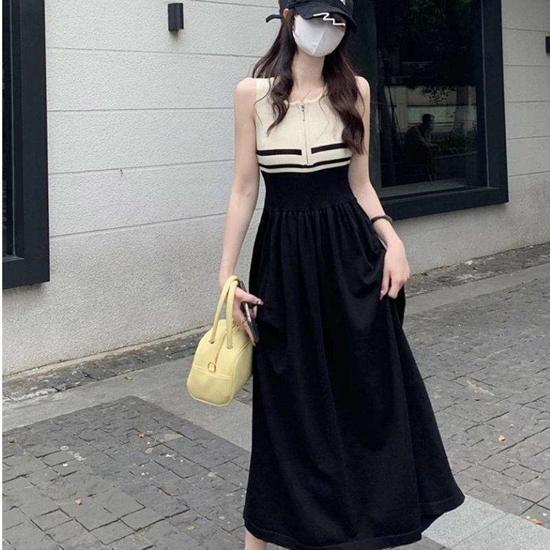 Нежный французский жилет без рукавов, длинная юбка для женщин, лето 2024, новый стиль, закрывающий талию и утягивающий элегантное платье контрастного цвета