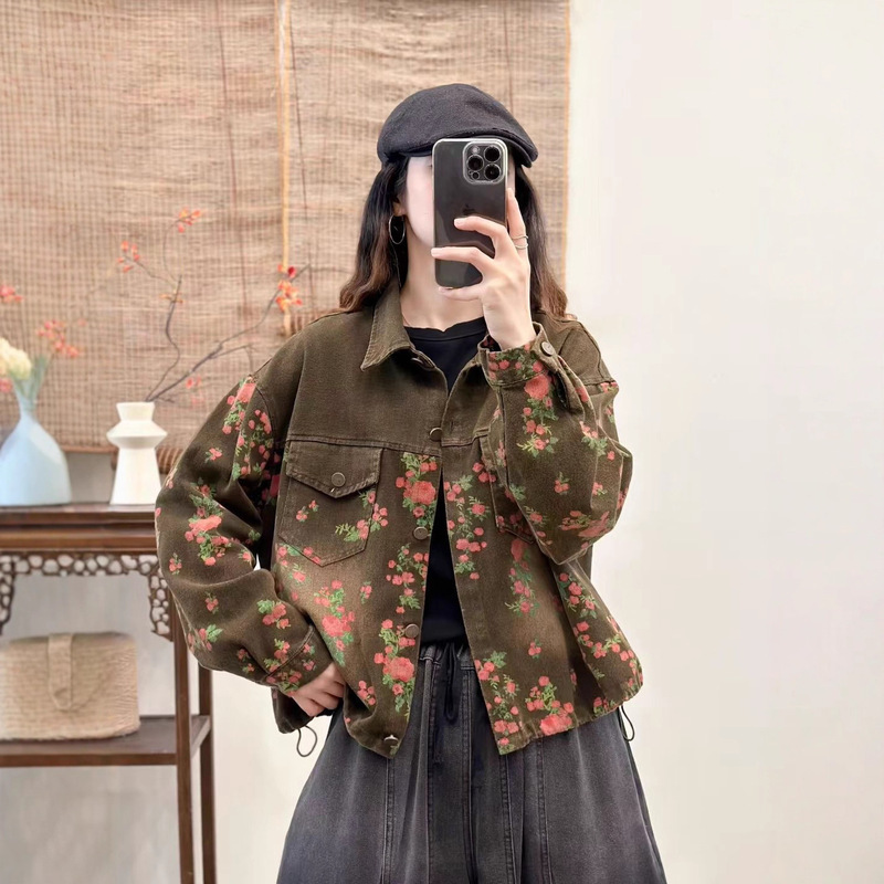 印花牛仔短外套女 2025秋新款复古文艺宽松翻领单排扣夹克 9232|undefined