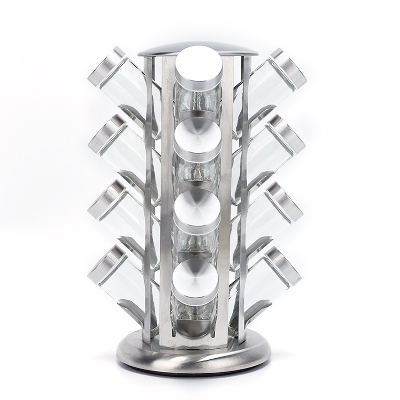 Venta al por mayor de acero inoxidable giratorio estante de condimento cocina torre tipo comino pimienta condimento botella especias condimento caja de almacenamiento traje