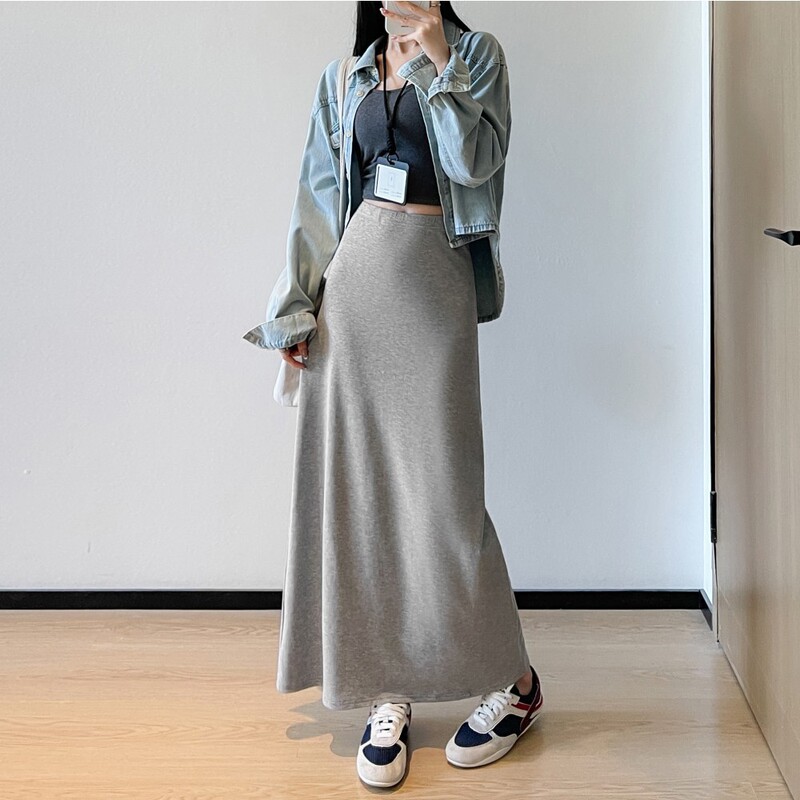 Spring and Summer Gray Simple Drapey Skirt for Women, Mid-Length High-Waisted A-Line Hip-Hugging Skirt, Petite Fishtail Long Skirt Spring and Summer Gray Simple Drapey Skirt for Women, Mid-Length High-Waisted A-Line Hip-Hugging Skirt, Petite Fishtail Long Skirt