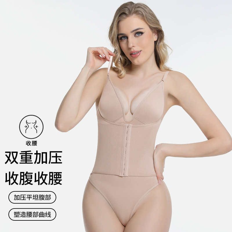 Cross-Border European and American Suspender Body-Shaping Jumpsuit Double-Breasted Tummy-Tightening Butt-Lifting T-Shaped Large Size Jumpsuit for Women