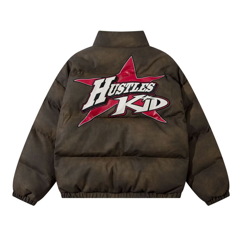 Vertical Collar Cotton-padded Coat Used Tie-dyed Leather Men's Fashionable Winter Five-pointed Star Embroidered Letter Thickened Hand-stuffed Cotton Bread Suit