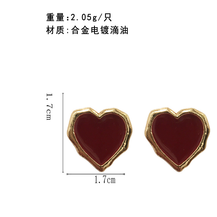 romantic wine red gold rim heart-shaped stud earrings
