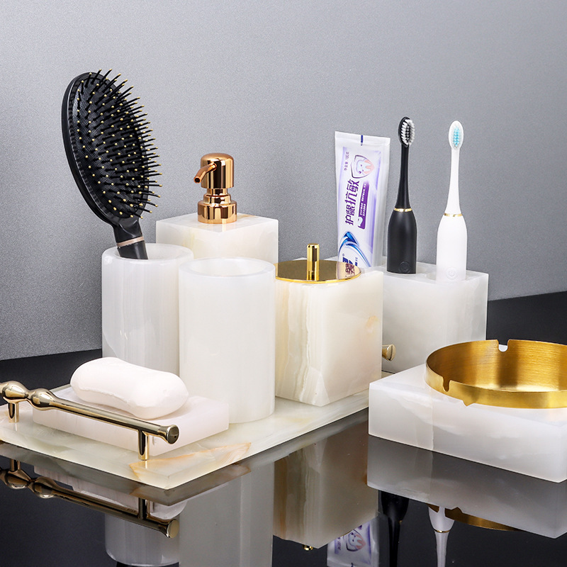 Marble Jade Accessible Luxury Bathroom Five-Piece Washbasin Tray High-End Bathroom Toothbrush Rack Model Room