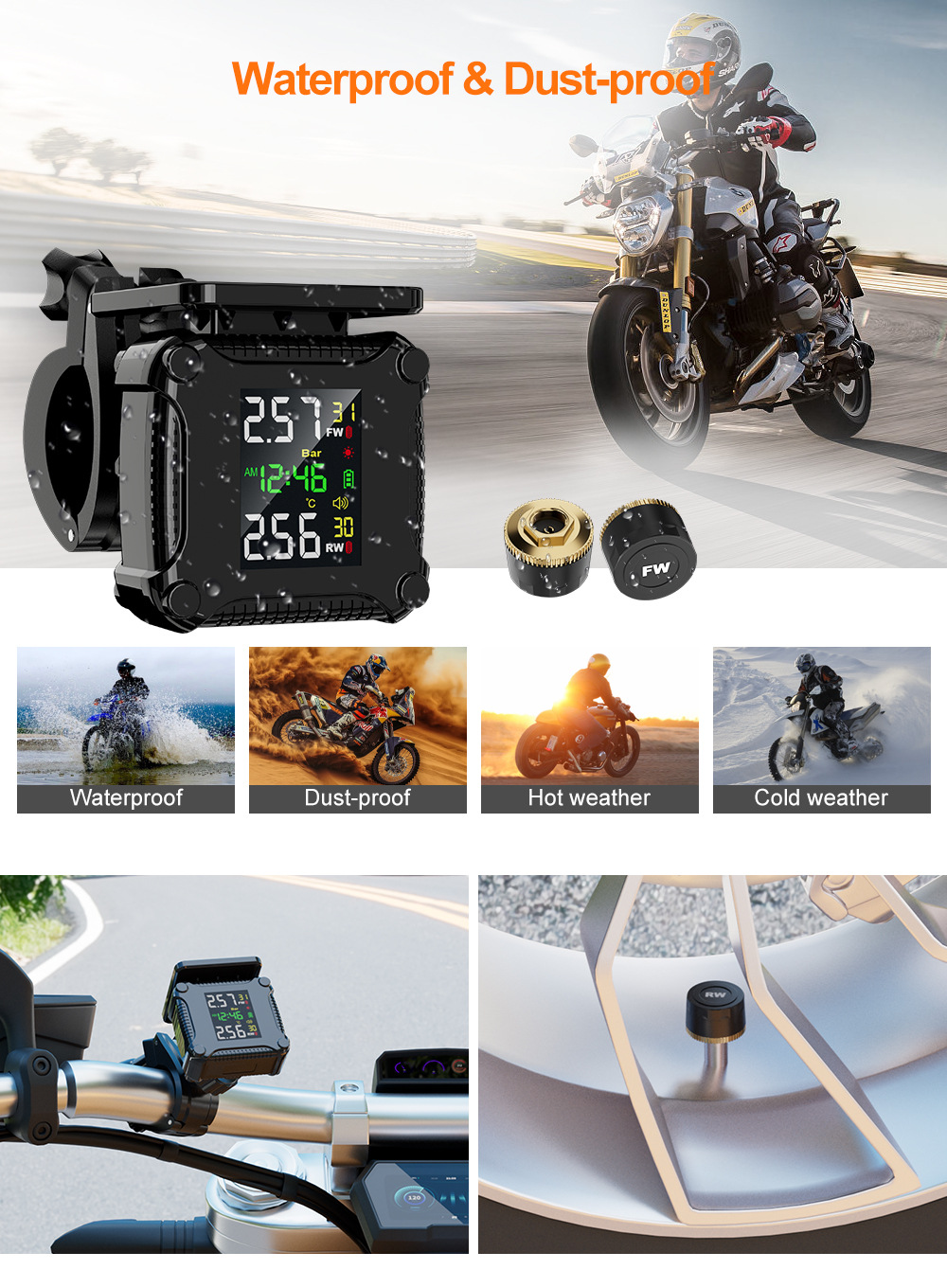 Motorcycle and Electric Vehicle Magnetic Tire Pressure Monitoring and Air Pressure Detection Device, Rechargeable, Waterproof, Dustproof