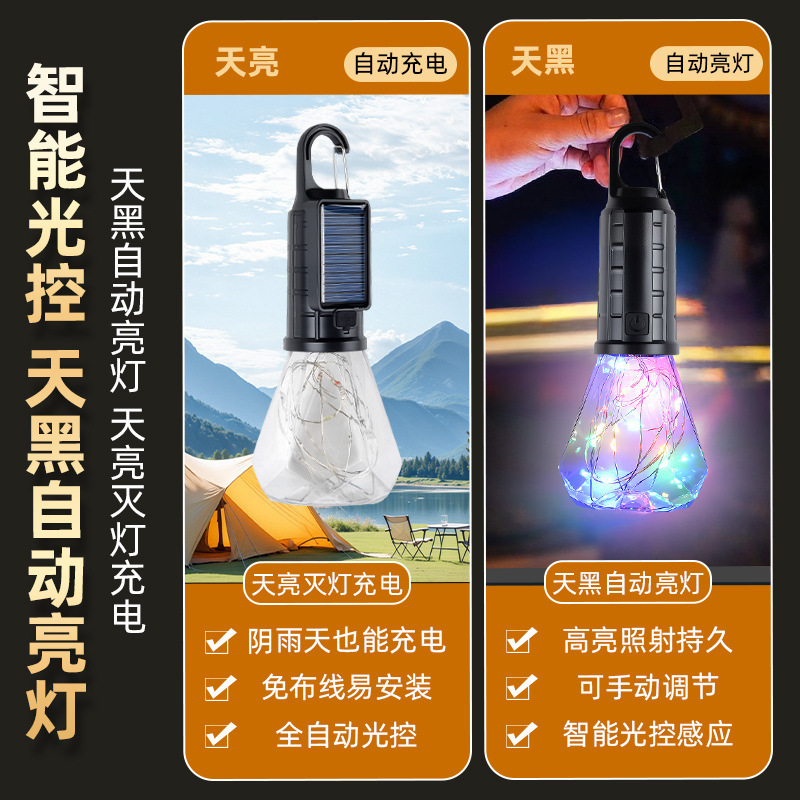 新款太阳能球泡灯充电复古露营灯七彩球泡灯便捷挂钩摆地摊氛围灯|undefined