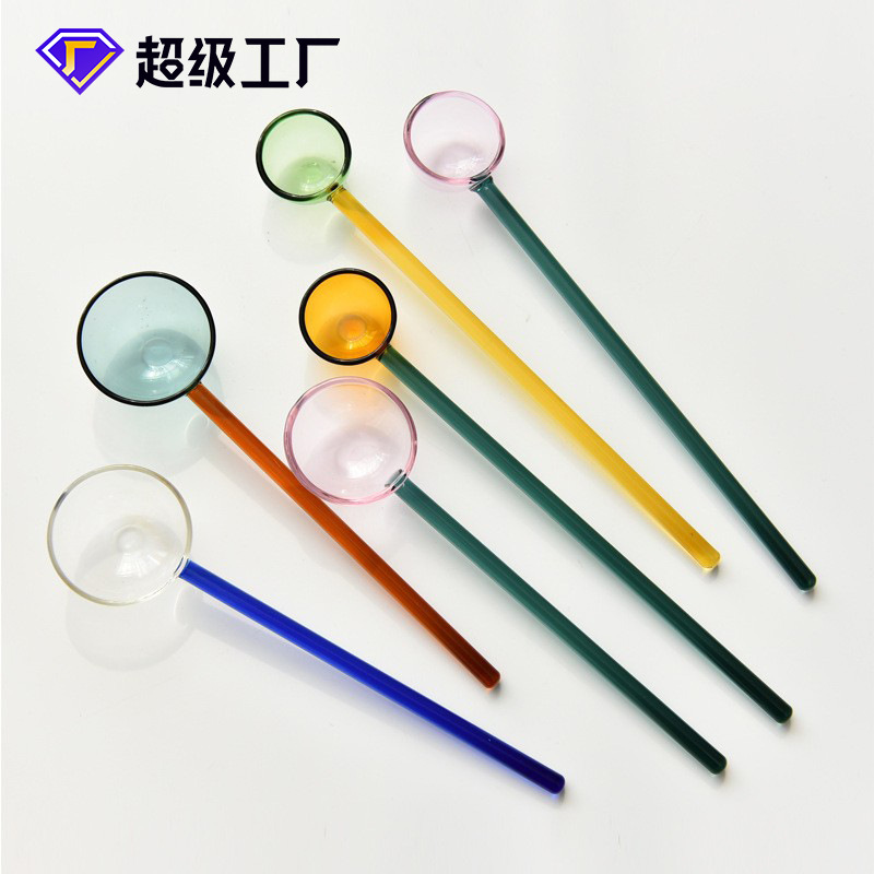 Cuchara de postre de leche creativa color transparente cuchara de vidrio resistente a altas temperaturas cuchara de varilla de agitación de café de mango largo de color alto