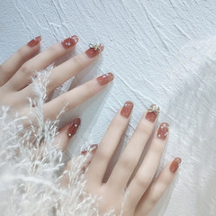 B313 Ice Silk Ribbon Medium-Length Daily Wear Nail Artificial Handmade UV Nail Art Finished High-End False Nail Stickers