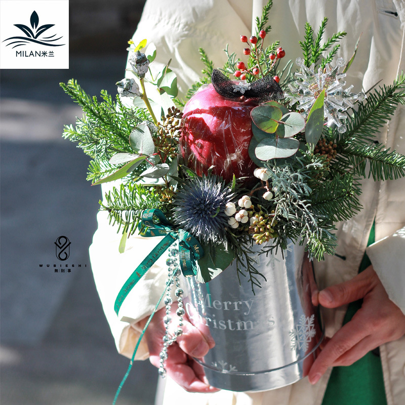 Navidad de plata brillante abrazo cubo Apple caja de regalo de Nochebuena caja de flores arreglo floral cubo caja de flores de fresa