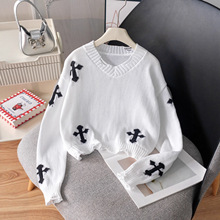 女童街头风十字图案短款毛衣做破针织套头衫适合日常度假春季秋季