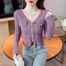 韩版潮流洋气v领长袖镂空蕾丝衫女秋季新款修身气质百搭开衫上衣