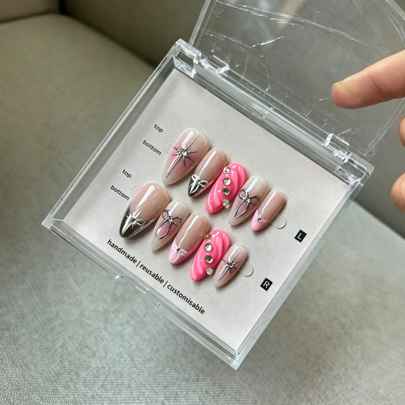 【Made in Shenzhen】Pink Swirl Star Butterfly Handmade Wearable Nails, Whitening Nail Art Stickers, Nail Patches