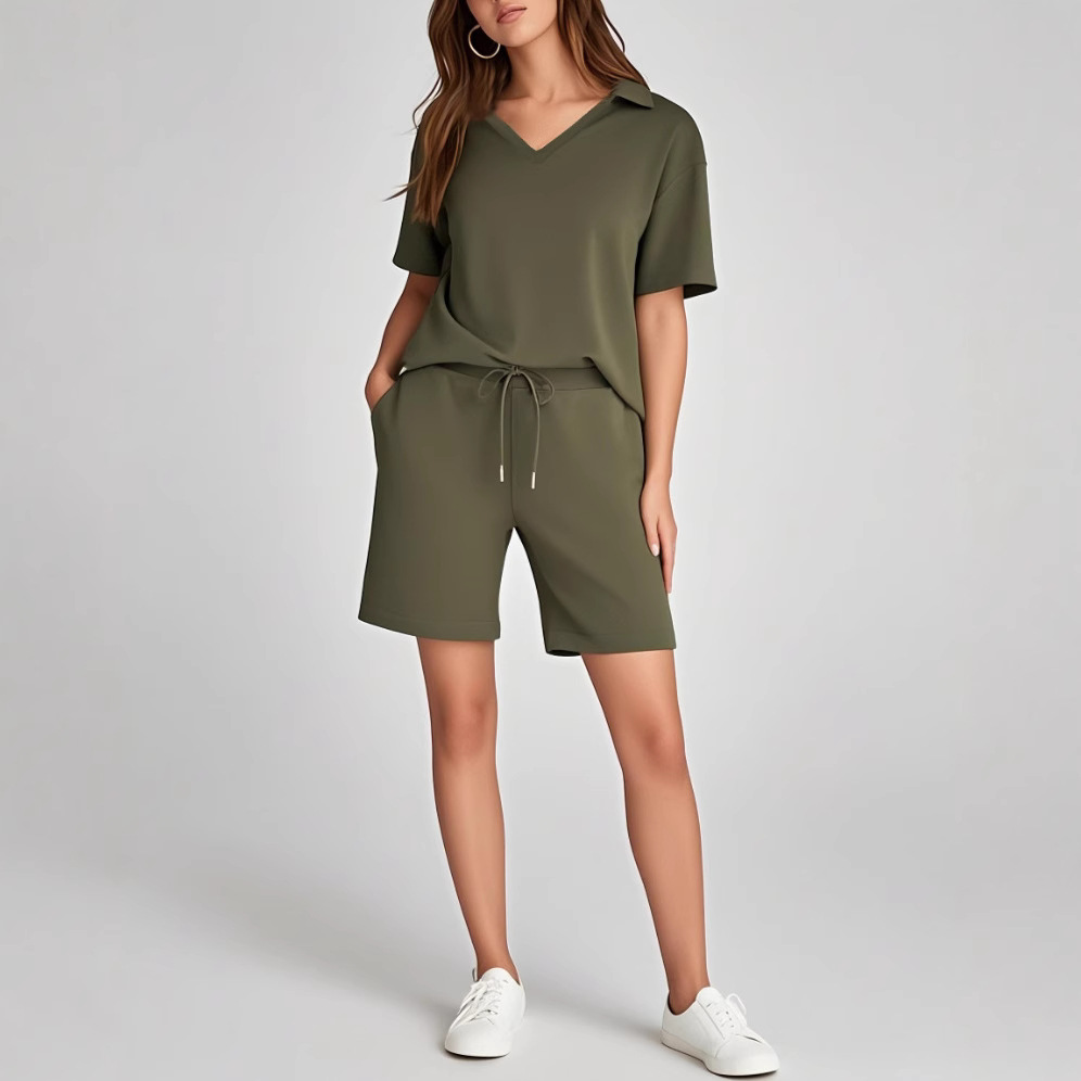 亚马逊独立站爆款宽松V领短袖上衣 搭配抽绳设计松紧腰短裤两件套