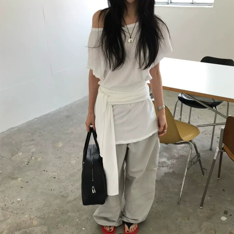 Fan Sun·Xh Korean-Style Design Off-Shoulder Top, Dongdaemun New Summer Model, Waist-Tie Short-Sleeve T-Shirt for Women