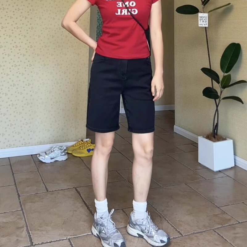 Summer Thin High-Waisted Stretch Straight Denim Shorts for Women Plus Size Slimming Casual Wide-Leg Knee-Length Shorts