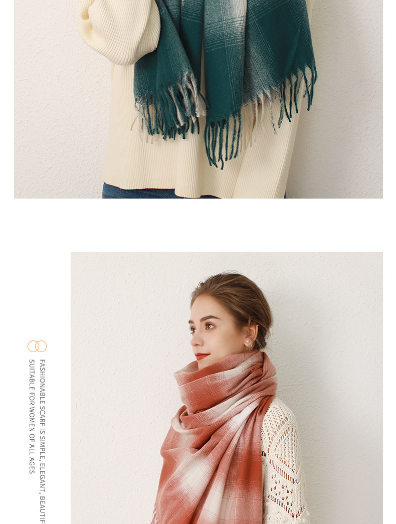 Gradient plaid faux cashmere tassel scarf for women's oversized warm and soft shawl_voghion.com