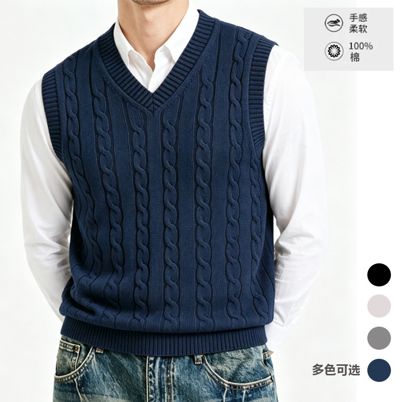 2026 Autumn/Winter Men's Knitted Vest 100% Cotton Pullover Sleeveless V-Neck Cable Knit College Style Sweater for Men 2026 Autumn/Winter Men's Knitted Vest 100% Cotton Pullover Sleeveless V-Neck Cable Knit College Style Sweater for Men