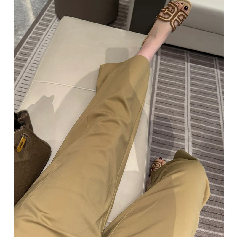 Quần tây nữ ống rộng cạp cao dáng suông kaki chín tấc mùa hè — Màu kaki chi tiết 1