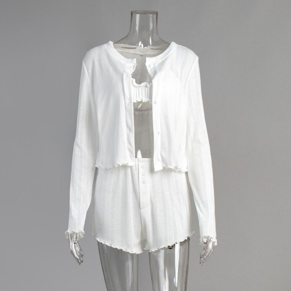 Bộ đồ ngủ nữ 3 món dệt kim gồm áo cardigan dài tay, áo lót và quần short — In hoa, Màu hồng, Màu trắng, Màu xanh dương chi tiết 10