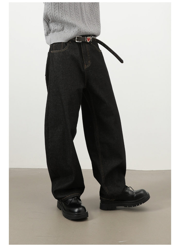 Quần jeans nam ống rộng dáng suông phong cách Mỹ, jean bò nguyên bản, lưng giữa, túi khóa kéo — Denim đen, Trắng, lâu, màu xanh chi tiết 11