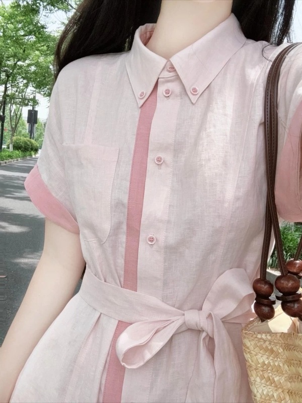 ファッショナブルな年齢を減らすピンクのラペルドレス女性のための 2025 夏の新しい気質小さなウエスト A ラインスカート|undefined