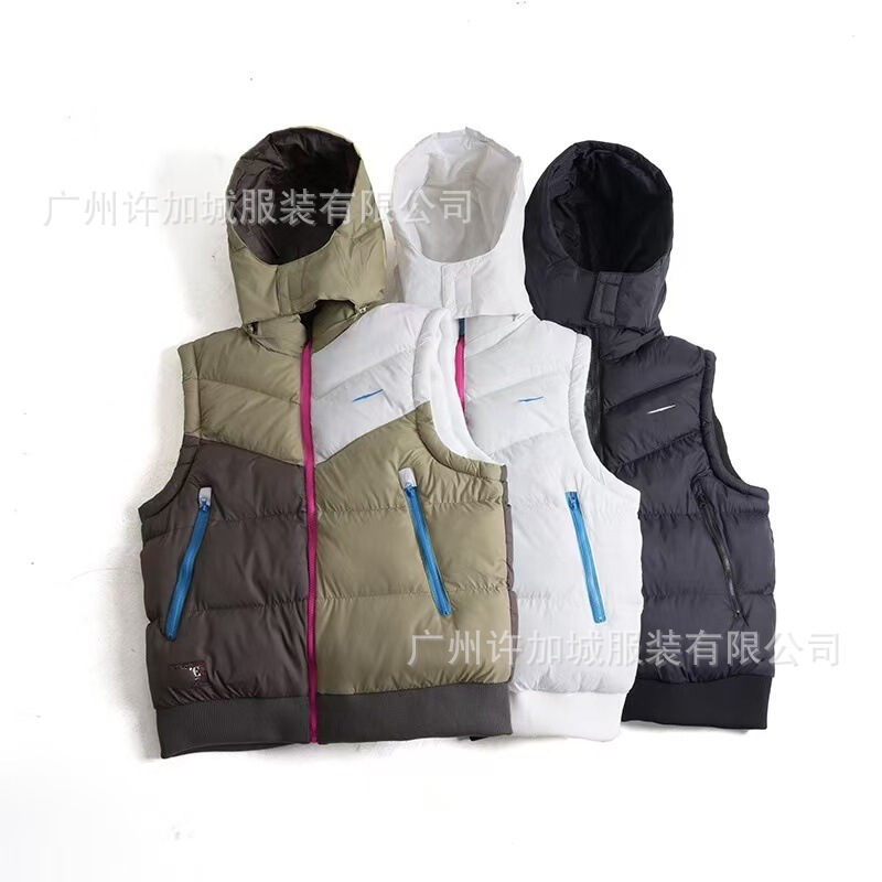 Reversible down cotton vest with embroidered logo, detachable hood, color-blocked, 1137 Reversible down cotton vest with embroidered logo, detachable hood, color-blocked, 1137