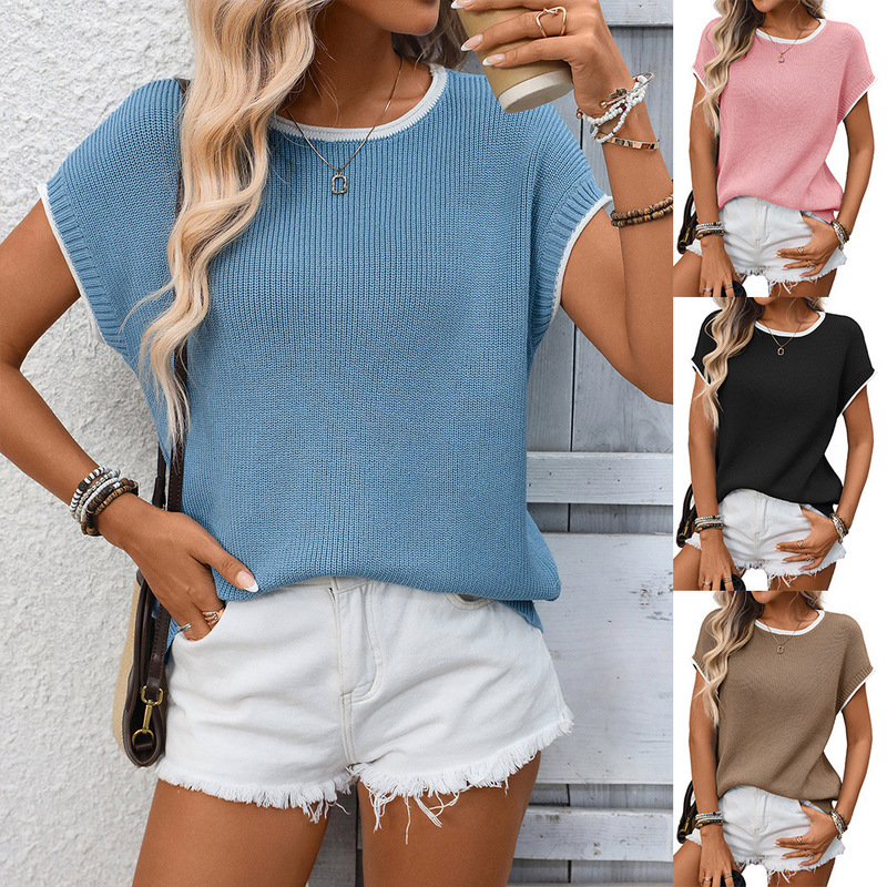 2026 Cross-Border European and American New Women's Clothing Amazon Hot-Selling Women's Round Neck Collar Contrasting Tops Short-Sleeved Sweaters