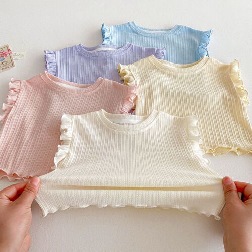 2025 Summer Baby Solid-Color Outfit: Girl's Ruffled-Edge Vest + Trendy Korean-Style Shorts – A 2-Piece Set