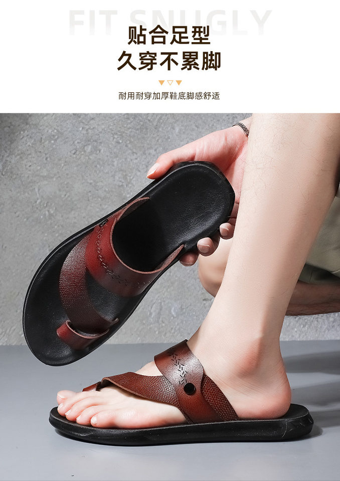 Dép xỏ ngón nam da PU thoáng khí chống mùi, dép đi biển hai công dụng — màu đen, Đỏ nâu chi tiết 11