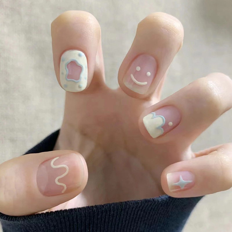 Pink-through Short Creamy Yellow Smiley Light Blue Stars Fresh and Natural Wear Nail Art Pieces Special for Little Red Book