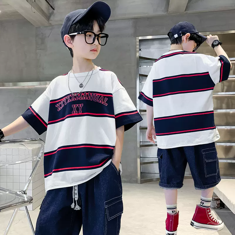 男童t恤短袖初中生纯棉2025夏季新款儿童薄款圆领拼接休闲上衣潮