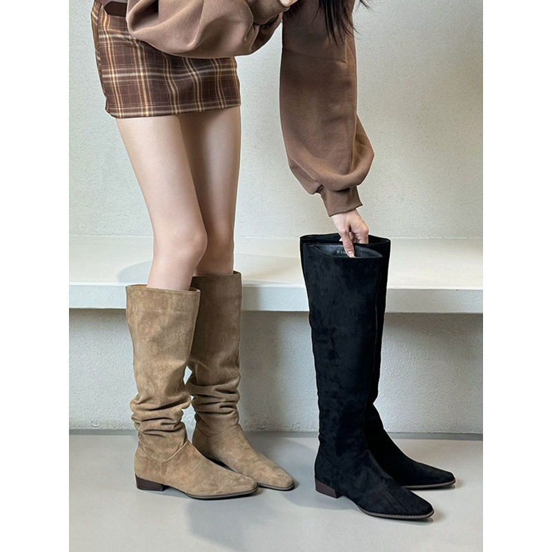 Thick Heel Low Heel Boots for Women 2025 Autumn and Winter New Style Pleated Pile Boots over the Knee Women's Boots High Boots Women's Boots