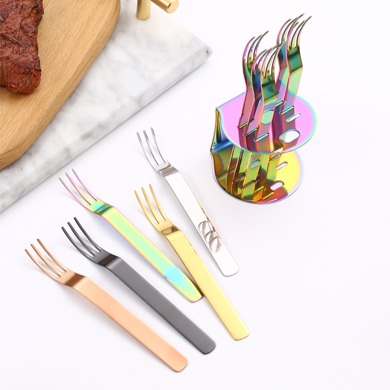 Creativo 304 de acero inoxidable Tenedor de fruta traje combinación occidental vajilla postre tres-diente palo de fruta 6 unidades conjunto LOGO