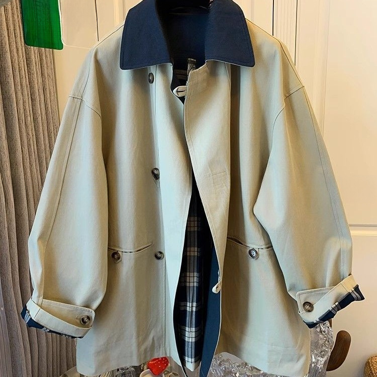 Cross-Border French Retro Contrast Color Windbreaker Jacket Mid-Length Petite Loose Top Women's Autumn New Style