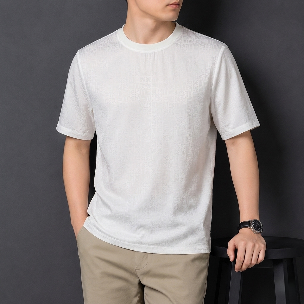 Áo thun nam tay ngắn lụa Mulberry Silk mùa hè, phong cách trẻ trung thoáng mát — Trắng 8876 chi tiết 5