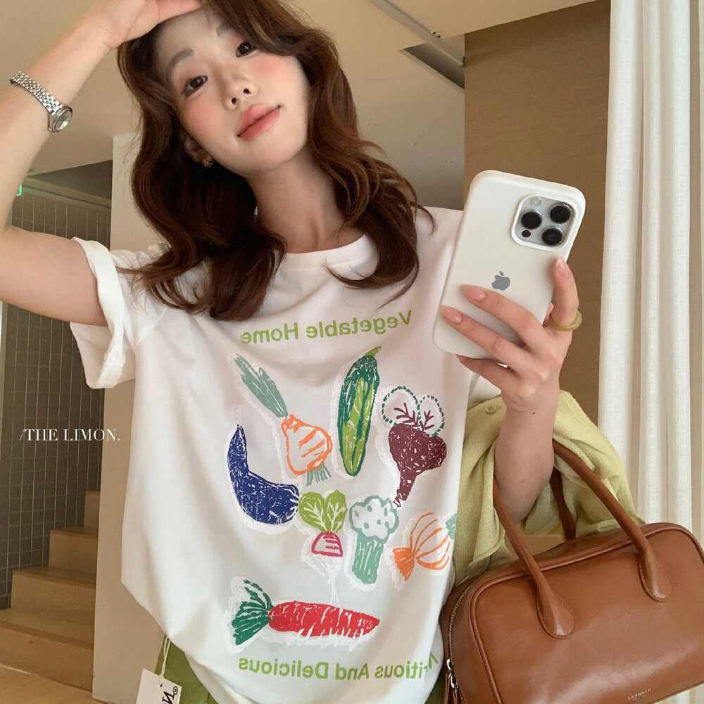 Áo thun nữ cổ tròn tay ngắn in họa tiết rau củ phong cách hoạt hình — màu trắng, Xám hoa
