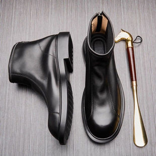 Autumn Genuine Leather Soft Cowhide Boots Men's Chelsea Boots British Workwear Boots Round Toe Mid-Top Zipper Trendy Martin Boots