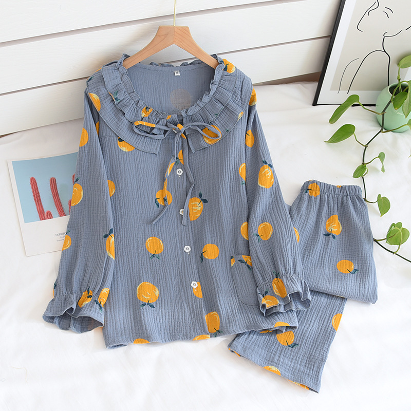 LH紺色小金橘クレープパジャマセット