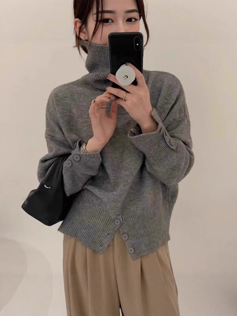 Cross-Border Design High-Waisted Buttoned Pullover Turtleneck Sweater for Women, Autumn and Winter Retro Lazy Style Korean Style Knitwear