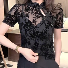 复古新中式旗袍领黑色蕾丝打底衫女夏季薄纱性感上衣洋气小衫