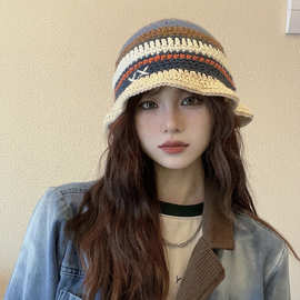 小众设计日式复古撞色针织毛线帽子女冬季显脸小百搭洋气渔夫帽