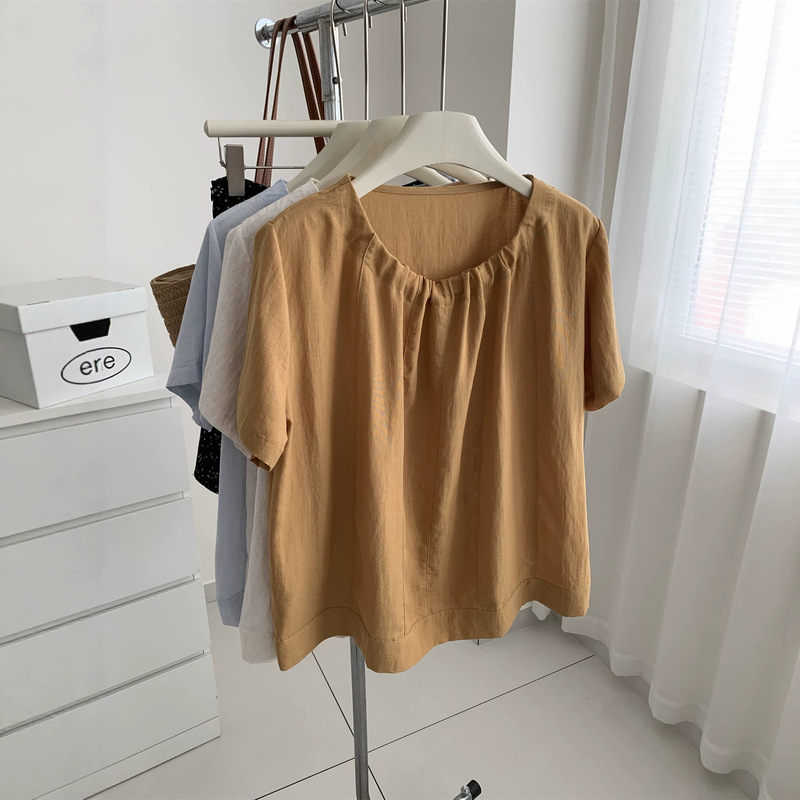 Natural Feel Washed Tencel Linen Blouse for Women, Gentle Retro Pleated Round Neck Pullover Short-Sleeve Shirt, Babydoll Blouse for Summer