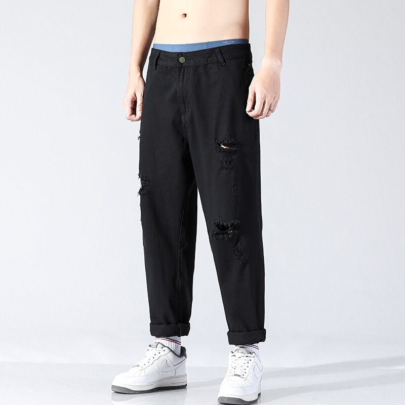 2021 New Spring and Summer Black Ripped Jeans for Men, Trendy Brand Straight Loose Casual Cropped Harem Pants 2021 New Spring and Summer Black Ripped Jeans for Men, Trendy Brand Straight Loose Casual Cropped Harem Pants