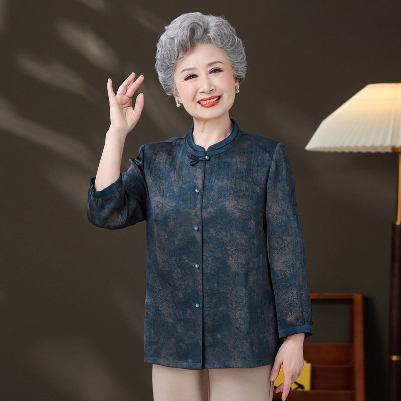 Spring Clothing for Elderly Women, Grandma's Shirt, 70-Year-Old, 60-Year-Old Mom's Top, High-End Loose-Fitting Shirt for Elderly Ladies
