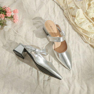 Baotou One-character Heel Half Slippers Women's 2024 Summer Baotou French Pointed Heel Slippers Rear Empty Thick Heel New Figure
