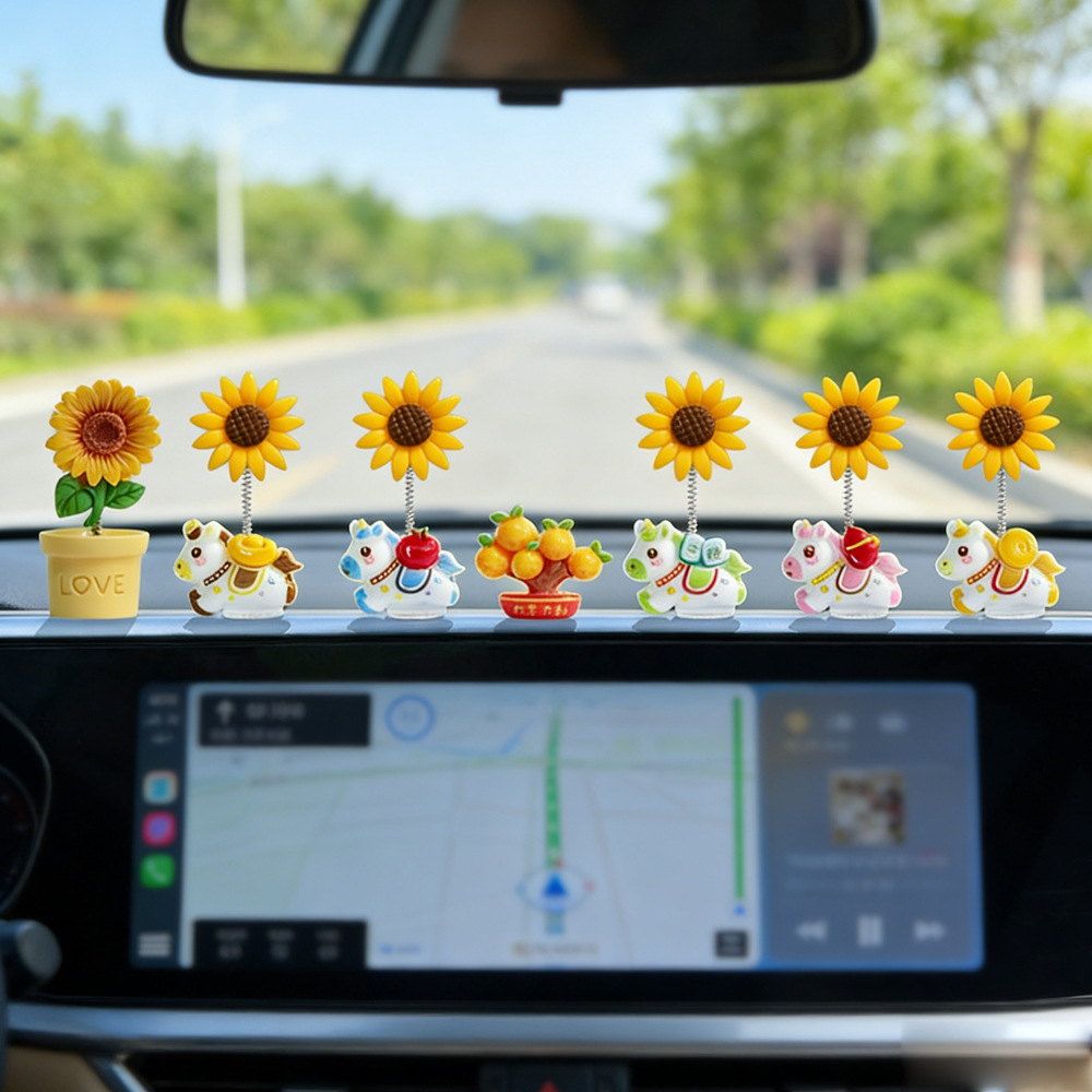 2026 nuevo año del caballo pequeños adornos de automóvil para hacerse rico ponies girasol oscilante decoración de consola central del automóvil