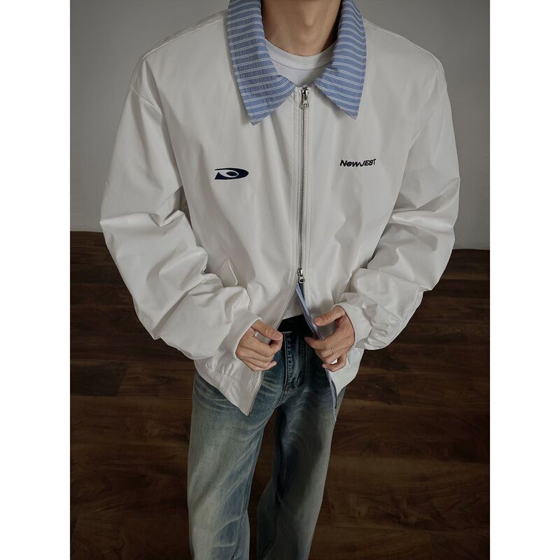 White Cleanfit Bubble Collar Spliced Fake Two-Piece Baseball Jacket Men's American Style Lapel Flight Jacket Trendy