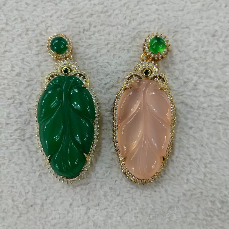 绿色和粉色玉髓树叶吊坠金枝玉叶挂件女生项链玉坠会销礼品批发