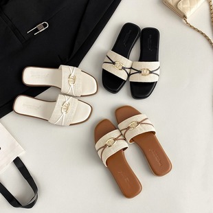 Women's Summer Slippers Fashionable All-match 2025 New French Flat Beach Lazy Slippers for Women
