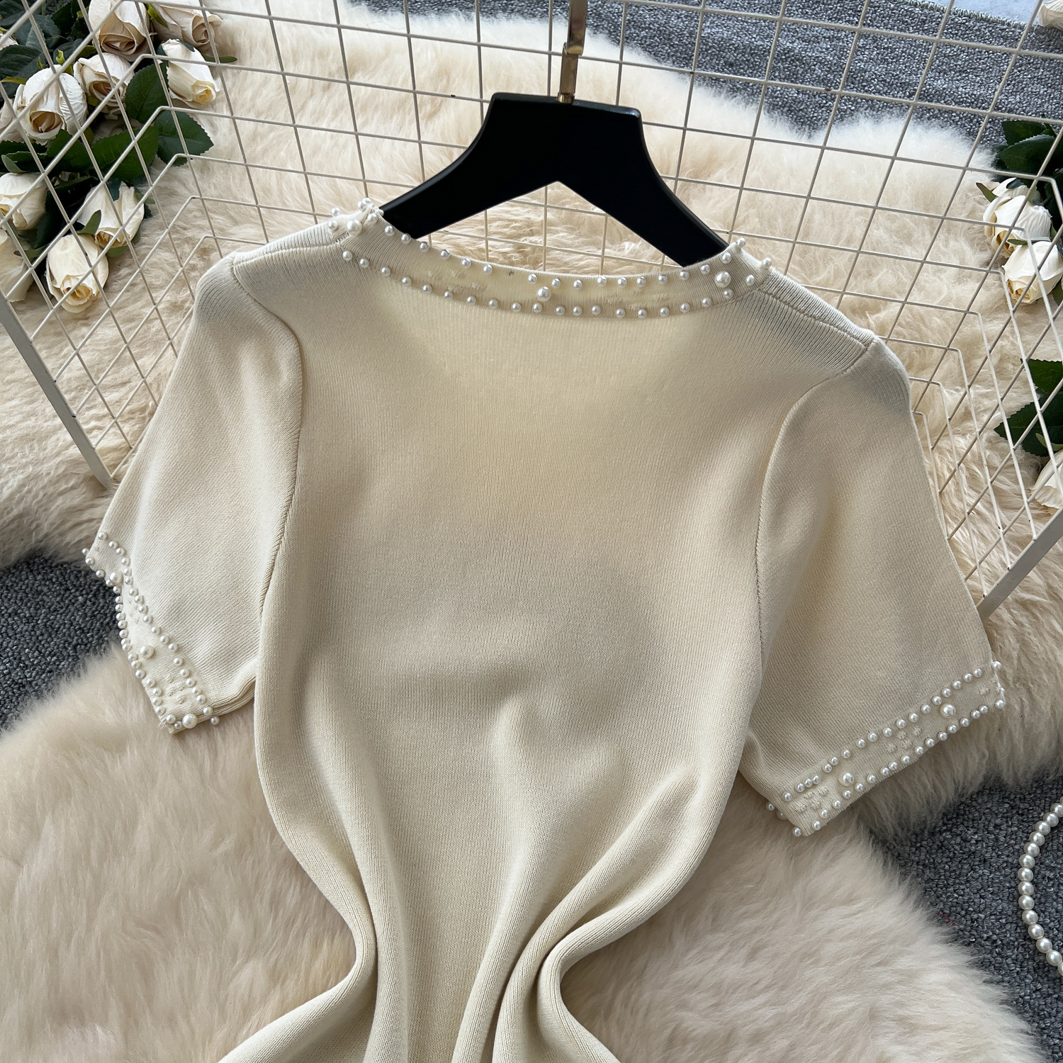 Women's French Style Beaded round Neck Short Sleeve Knit Dress Elegant Slimming Inner Sweater Dress_ecoleips.com
